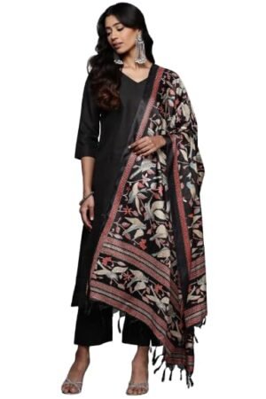 Cotton Blend V Neck Straight Kurta Set With Printed Dupatta