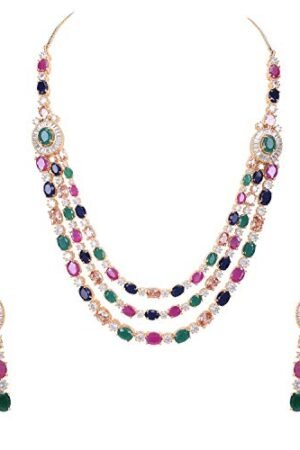 American Diamond Fashion Jewellery Red Green Blue White Multi Layer Necklace Set with Earring for Women