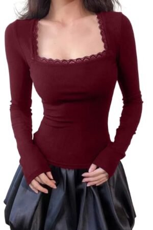 Solid Square Neck Lace Full Sleeve Regular Fit Casual Ribbed Tops for Women