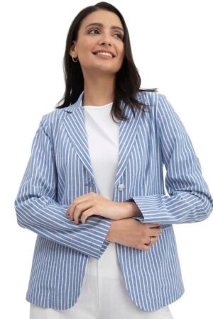 FableStreet Linen Single Breasted Blazer - Blue