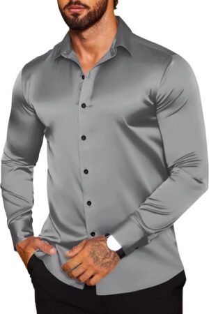 Men's Satin Formal Shirt for Party and Office Wear | Long Sleeve Slim Fit Shiny Dress Shir