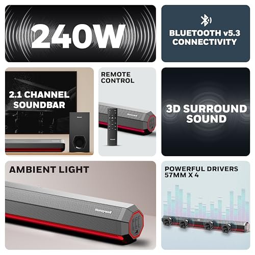 Honeywell Newly Launched Trueno U4000 Soundbar 240w, 2.1Ch Surround Sound Home Theatre, Deep Bass Subwoofer,3 EQ Modes,LED - Image 2