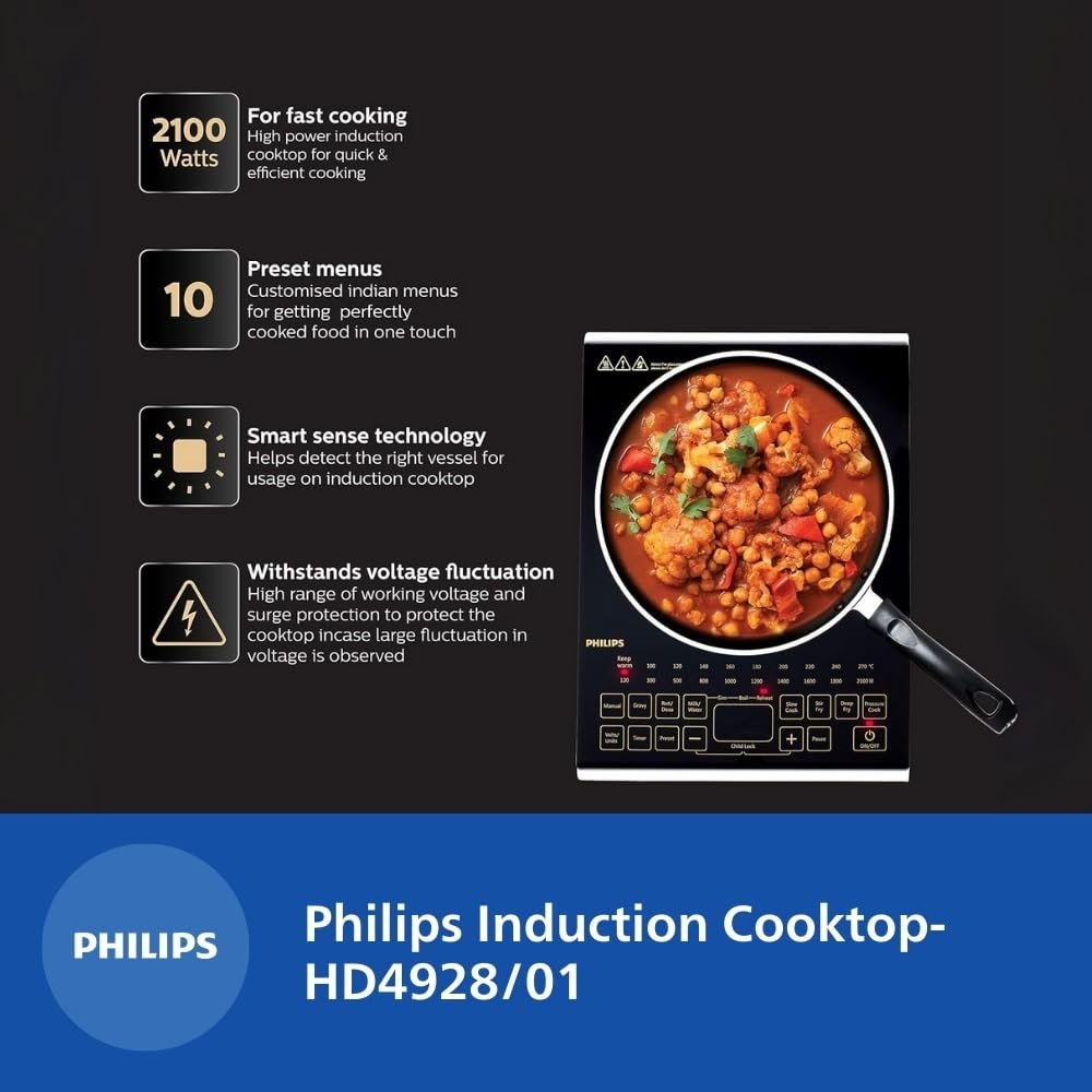 Philips Viva Collection HD4928/01 2100-Watt Induction Cooktop, Soft Touch Button with Crystal Glass - Image 2