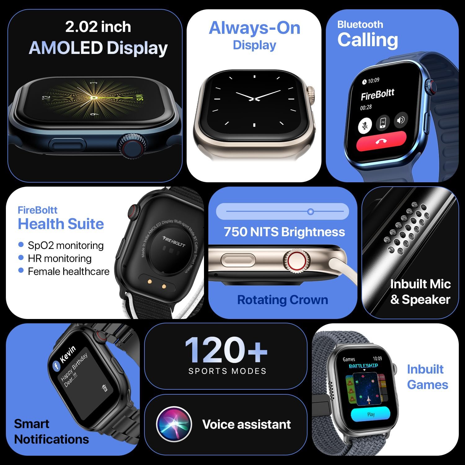 Fire-Boltt Brillia Smart Watch 2.02” AMOLED Display, Bluetooth Calling - Image 3