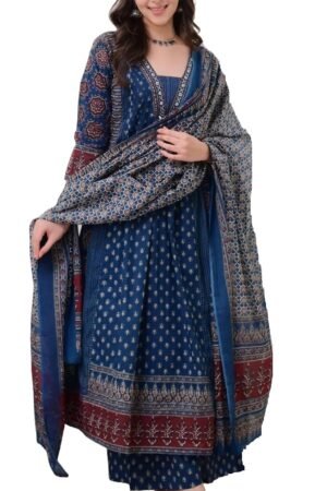 KLOSIA Women's Rayon Printed Anarkali Kurta and Pant with Dupatta Set