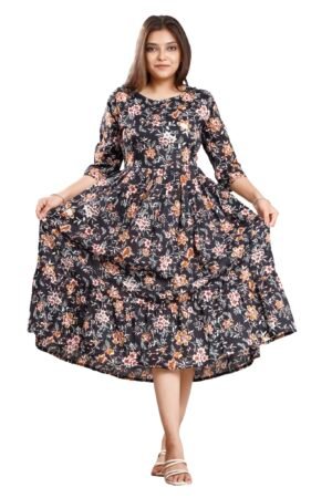 Stylish Red Printed Anarkali Kurti Cotton Midi Dress for Women- Flared Western Dress -S-3XL