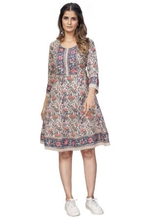Vbuyz Women's Floral Print Flared Cotton Beige Stitched Dress