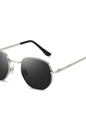 Dervin UV Protected Hexagonal Sunglasses for Men and Women (Silver-Black)