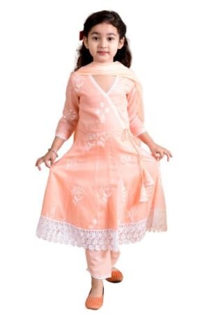 Pspeaches Girls Peach-Coloured Floral Printed Angrakha Pure Cotton Kurta With Trousers With Dupatta