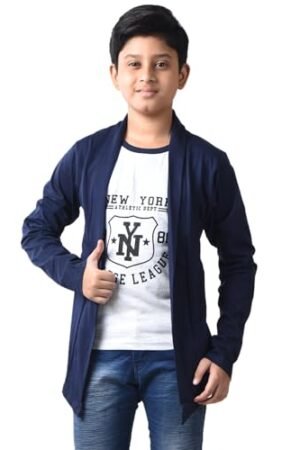 Boys Cotton Printed Long Sleeve NY Navy T-Shirt with Attached Shrug Jacket