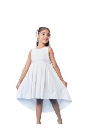 Girls' Knee-Length High-Low Hem Sleeveless Dress with Mirror Lace at Waist