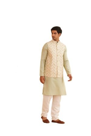 SOJANYA (Since 1958 Men's Silk Blend Self Design Pista Green Kurta With Pyjama & Cream Nehru Jacket