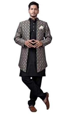Amzira Men's Stylish Ethnic Wear Black Kurta Pajama Set with Long Jacket,