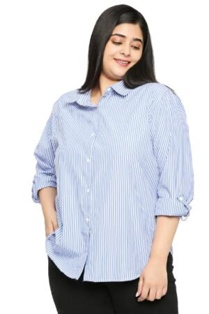 Style Quotient Plus Women Blue and White Stripe Polycotton Regular Formal Shirt