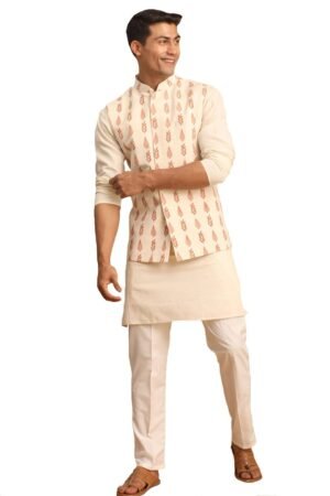 Vastramay Leaf Pattern Cotton Nehru Jacket with Kurta and Pyjama Set Elegant Ethnic Wear for Men