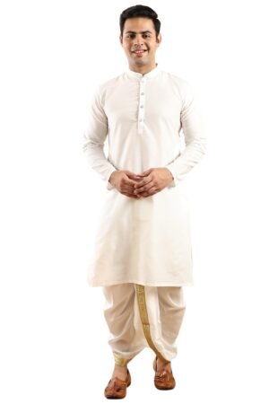 Men's Traditional Navy Blue Dupion Silk Kurta with Dhoti Set, Mandarin Collar, Long Sleeve, Ethnic Wear