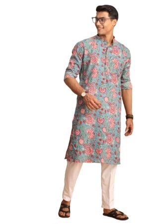 Shvaas By Vastramay Men's Aqua And White Cotton Kurta And Pyjama Set-AA311