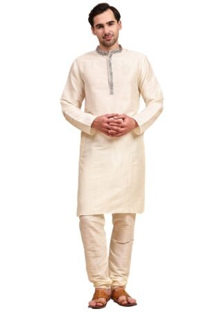 Anarva Men’s Art Silk Kurta Pajama Set with Embroidered Collar | Traditional Indian Ethnic Wear Long