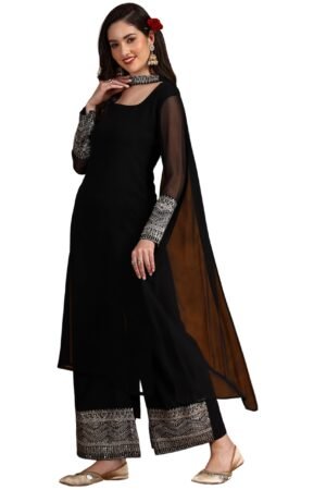 EthnicJunction Women's Georgette Embridered Kurta Palazzo and Dupatta