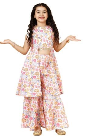ALL THINGS UBER NICE) Girls Poly Silk Floral Printed Sleeveless Sharara Set | Traditional Ethnic Wear Clothing Set