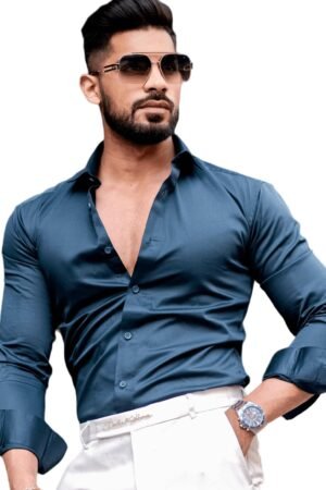 IndoPrimo Men's Satin Shirt with Spread Collar Neck Line Solid Pattern Full Sleeves Regular Fit Western Style