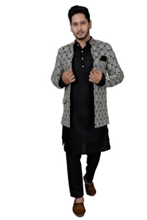 XEPON Men's Jacquard Ethnic Wear Kurta Pajama With Stylish Long Jacket Set